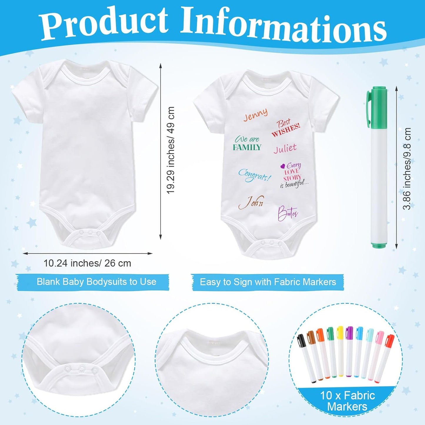 Qunclay 12 Pcs Baby Bodysuit Baby Shower Game Include 1 Game Wooden Sign Tabletop Decor 1 White Blank Newborn Bodysuit 10 Fabric Marker for Gender Reveal Party(Elephant)