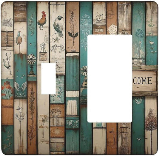 Outlet Covers Vintage Wood Brown Turquoise Splicing 1 Toggle 1 Rocker Combination Decorative Wall
