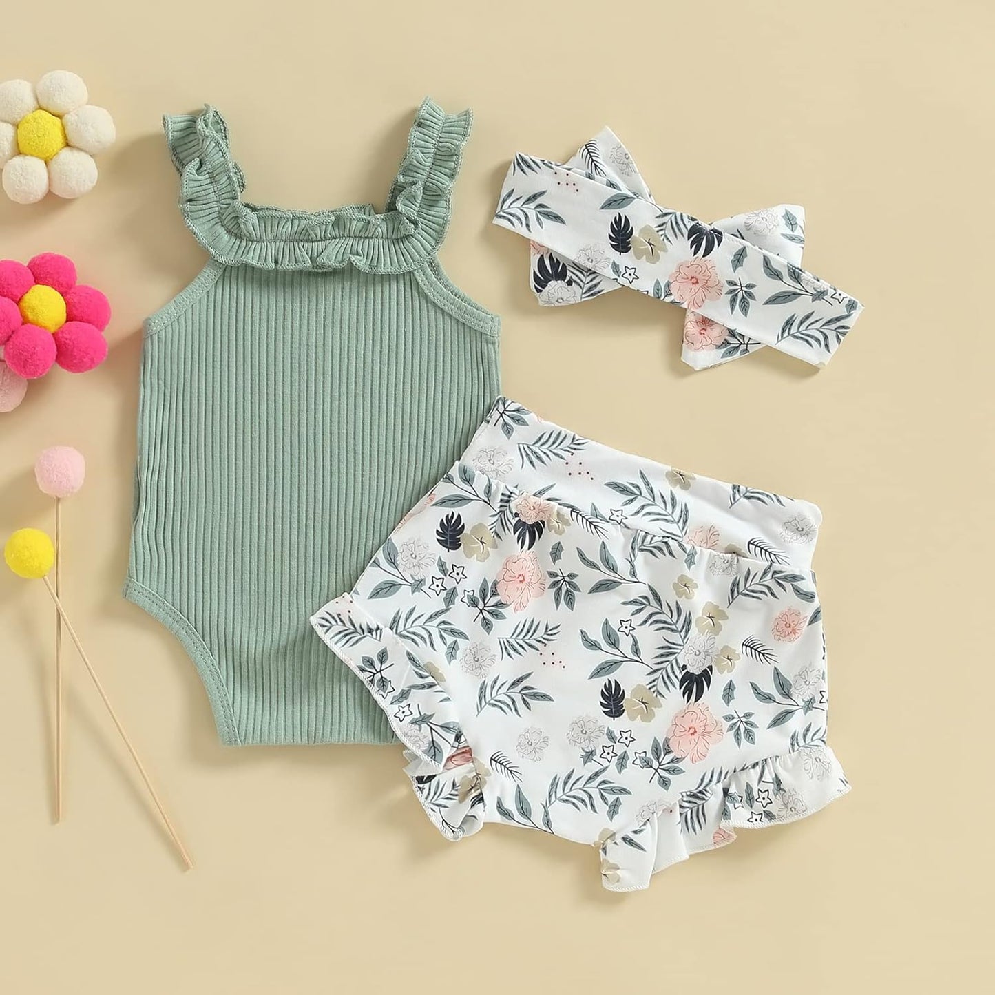 fhutpw Baby Girl Clothes Summer Cute Outfits 3 6 12 18 Months Spaghetti Strap Romper & Floarl Shorts Sets