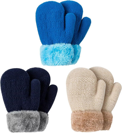 Winter Mittens Gloves Beanie Hat Set for Kids Baby Toddler Children, Thick Warm Knit Fleece Lined Thermal Set for Boys Girls