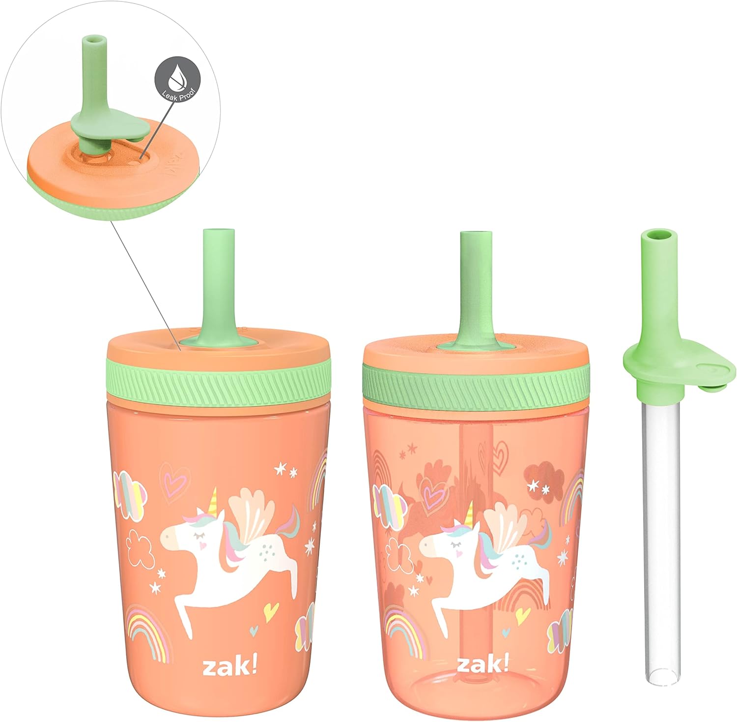 Zak Designs Unicorn Kelso Tumbler Set, Leak-Proof Screw-On Lid with Straw, Bundle for Kids Includes