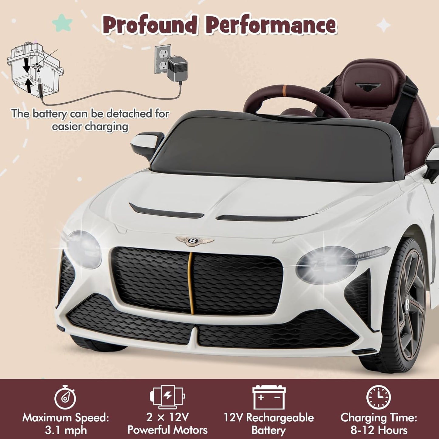 Costzon Ride on Car, 12V Licensed Bentley Bacalar Battery Powered Kids' Electric Vehicles w/Remote Control, Scissor Doors, Wireless Connection, Lights/Sound Effects, Kids Car Toys for Toddlers(White)