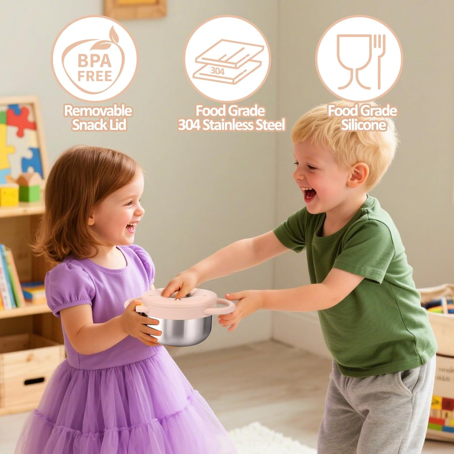 BUSOHA 2 Pack Stainless Steel Toddler Snack Cups - 9 OZ Spill-Proof Baby Snack Containers with