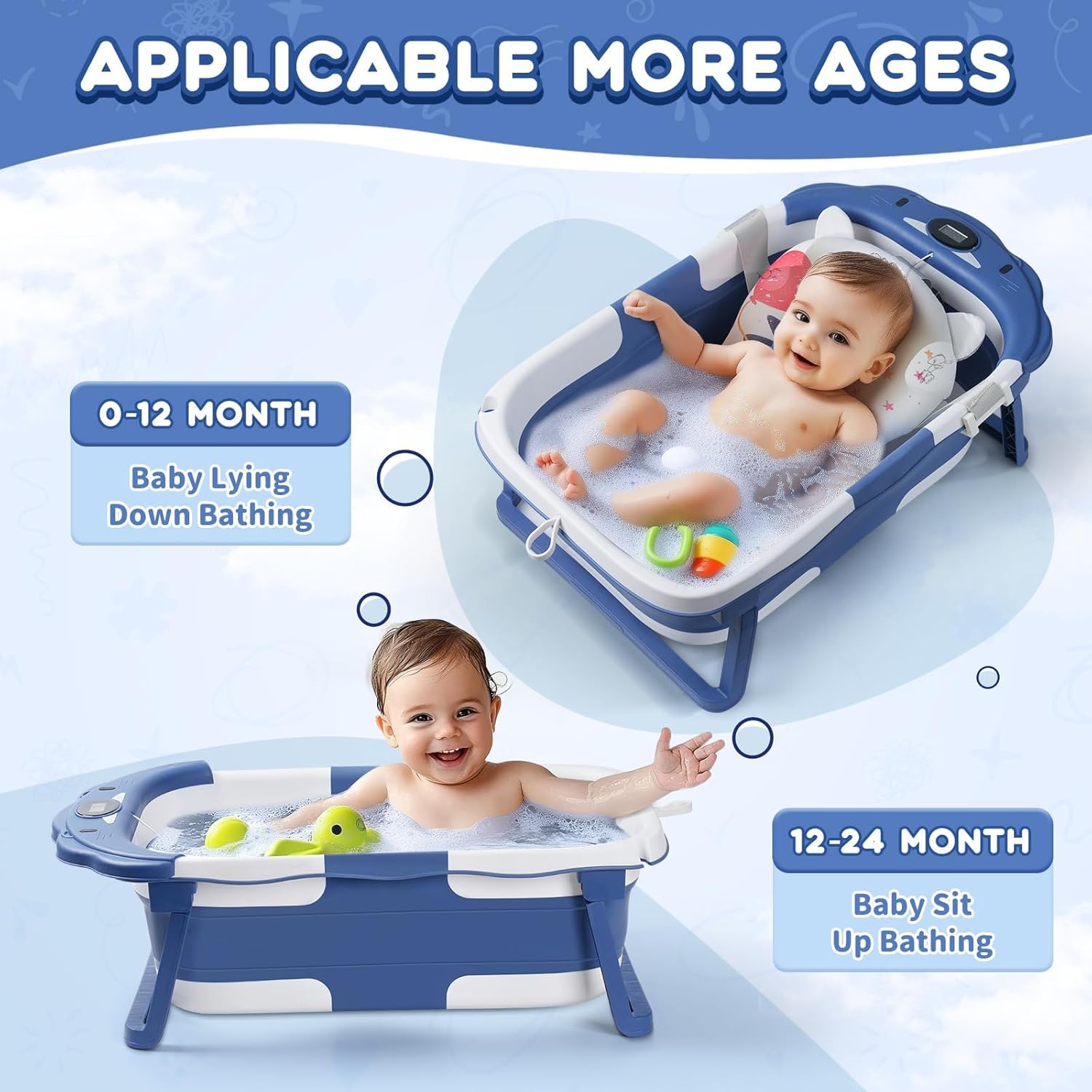 Baby Bathtub,Collapsible Baby Bath Tub with Thermometer & Soft Floating Cushion,Portable Travel