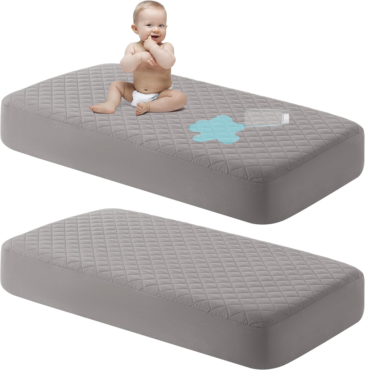 NTBAY 2 Pack Waterproof Crib Mattress Protector, Quilted 28"x52" Toddler Fitted Sheet - Machine
