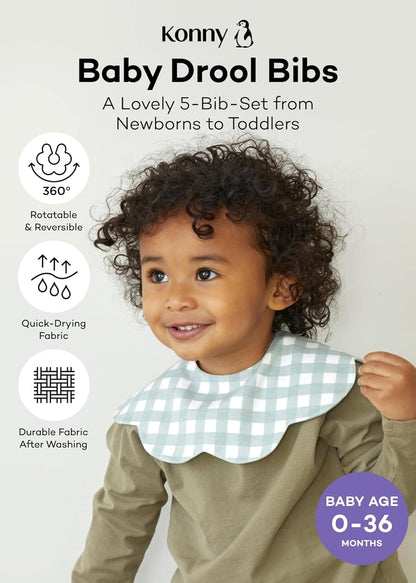 Konny Baby Bibs 5-Pack, 360 ° Rotate, Soft and Absorbent Bandana Drooling for Boys Girls baby Essentials