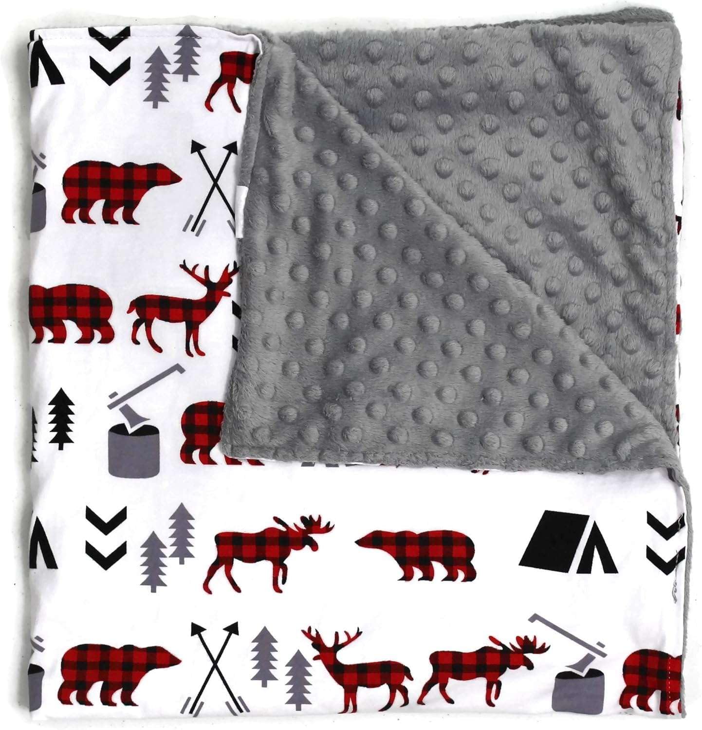 Top Tots Baby Blanket – Soft Plaid Animal Print with Bears, Deer & Trees – White Front, Gray Dotted Minky Back