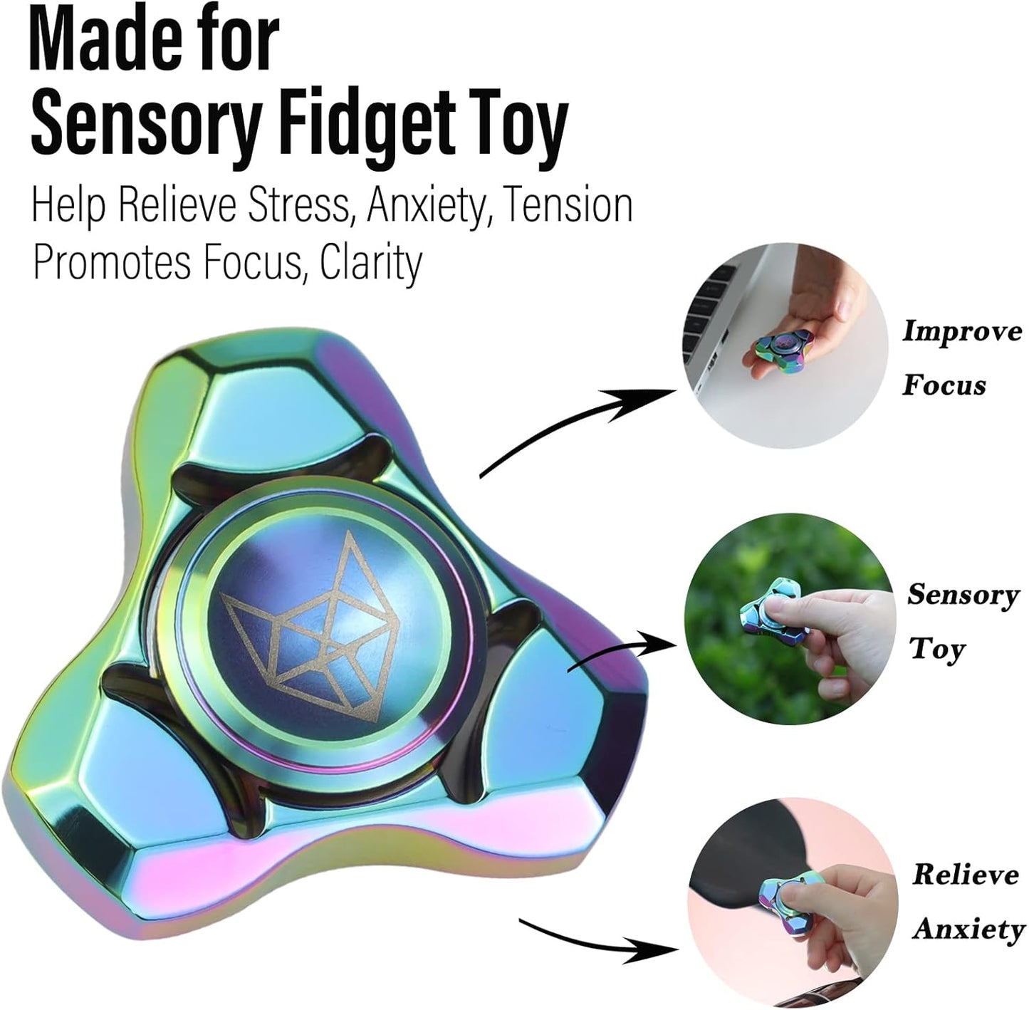 FREELOVE Metal Fidget Spinner, Stainless Steel Heavy, Long Spinning Toys, Cool Silent, Small Mini Fox Figette Spiner for Adults Men Anxiety, Quiet Bearing, Rainbow