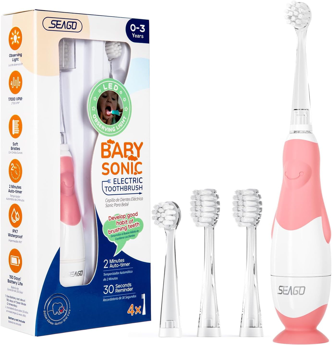 SEAGO Toddler Electric Toothbrushes for Baby Ages 0-3 Years, Baby Toothbrush with Smart Timer and