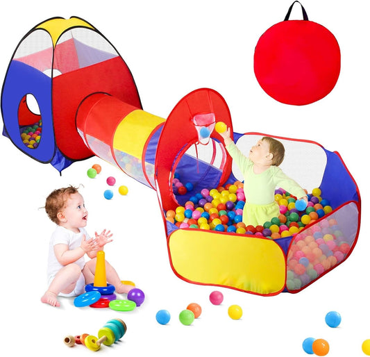 GeerWest 3 in 1 Kids Play Tent for Toddler with Baby Ball Pit and Play Tunnel, Children Indoor