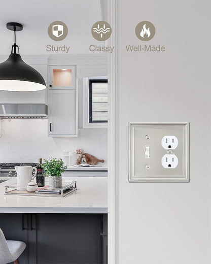 2-Pack Combination 1 Toggle/1 Duplex Wall Plate, Metal Switch Plate and Outlet Cover, Satin Nickel, Midsize, A035 Series