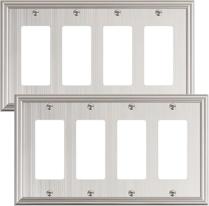 2-Pack Quad Decorator Outlet Cover Plate, Zinc Alloy Brushed Nickel Switch Plates and Outlet Covers, 4 Gang Wall Plates for Electrical Outlets, Receptacle, GFCI Outlet, Dimmer Switch