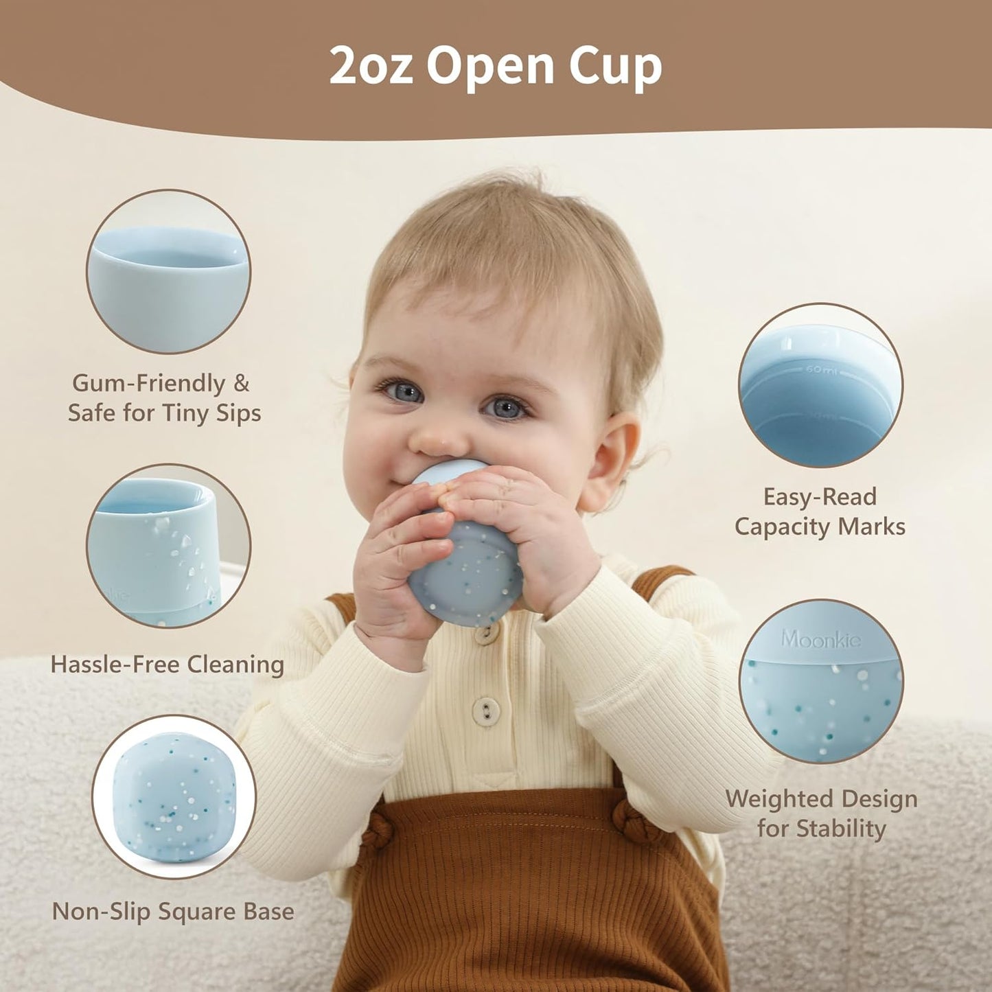 Moonkie Silicone Baby Cup 4 Months+ | Open Training Drinkware for Infants with Confetti Sprinkles | Baby-Led Weaning Essential | 2 oz (Ether, 1 Pack)
