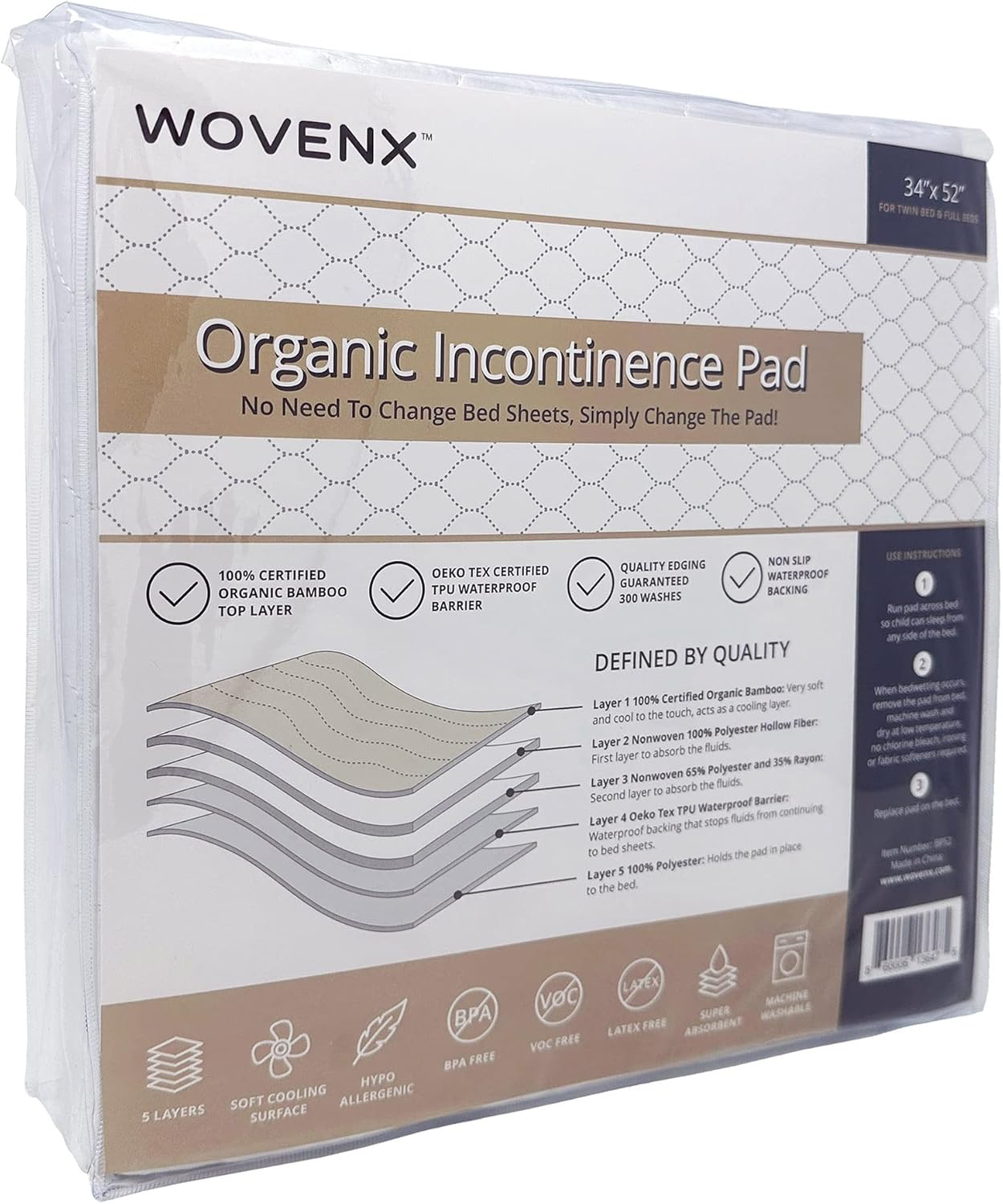 Organic Incontinence Pads for Kids & Toddlers - 5 Layer Waterproof Protectors for Overnight Bed
