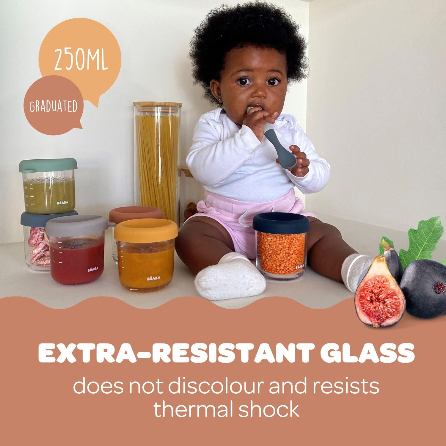 BEABA 8 oz Glass Baby Food Jars with Soft Silicone Air Tight Lids, Glass Storage Containers with