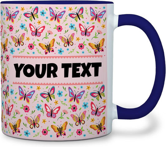 Personalized Mug for Kids - Butterflies - Custom Name/Text, Ceramic Hot Chocolate/Cocoa/Coffee Cup for Girls, Birthday/Christmas/Holiday Gift - 11 oz, Navy Blue Handle