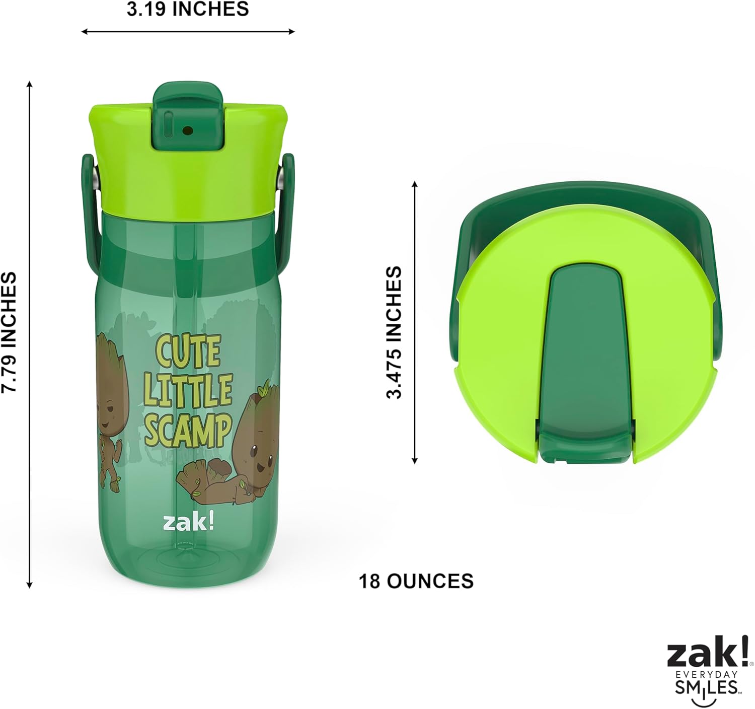Zak Designs Harmony Marvel Groot Water Bottle for Travel or At Home, 18oz Recycled Plastic is