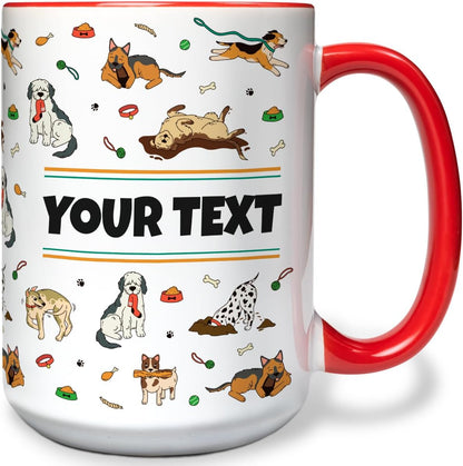 Personalized Mug for Kids - Dogs - Custom Name/Text, Ceramic Hot Chocolate/Cocoa/Coffee Cup for Boys/Girls, Birthday/Christmas/Holiday Gift - 15 oz, Red Handle