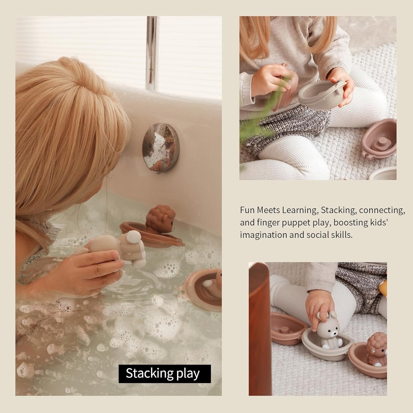 Nueplay Bathtub Toys for Toddlers 18M+，Baby Bath Toys with Animal Finger Puppets，Stackable Boat
