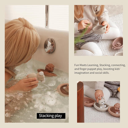 Nueplay Bathtub Toys for Toddlers 18M+，Baby Bath Toys with Animal Finger Puppets，Stackable Boat