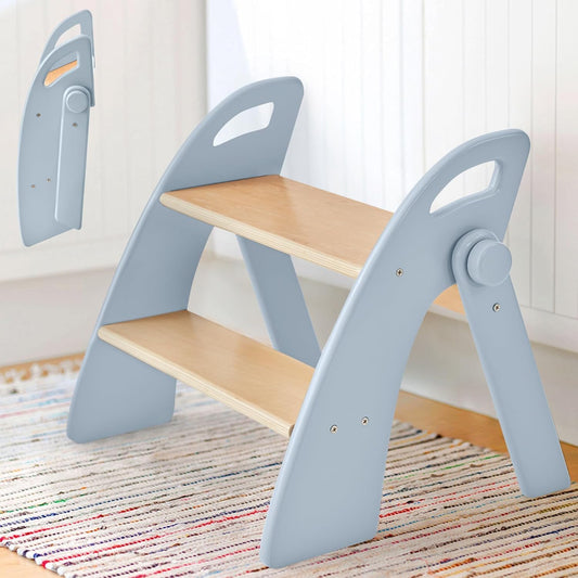Reeple Wooden 2 Step Stool for Toddlers, Foldable 2-Step with Non-Slip Pads and Handles, Bamboo