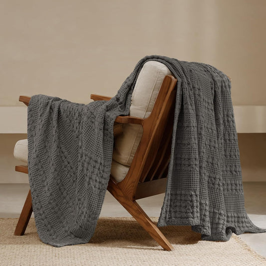 PHF 100% Cotton Waffle Weave Throw Blanket, Soft Lightweight Breathable Cozy Summer Throws for Couch Bed Sofa, Luxury Aesthetic Woven Blanket for Home Decor & Office, 50"x60", Charcoal Grey