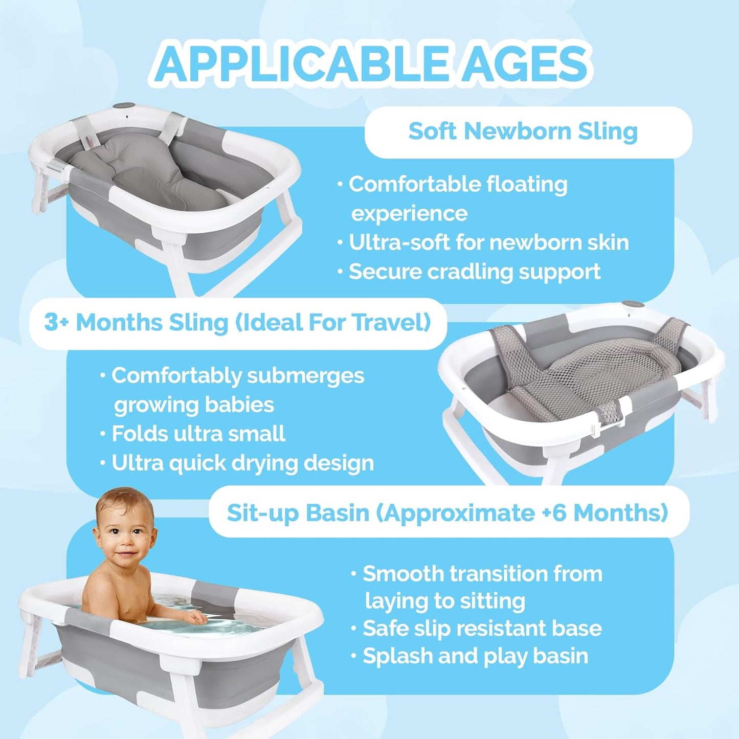 BEBELEH™ Collapsible Baby Bathtub – Bathtub + Baby tub Sling + Newborn Sling – Baby Bathtub Newborn