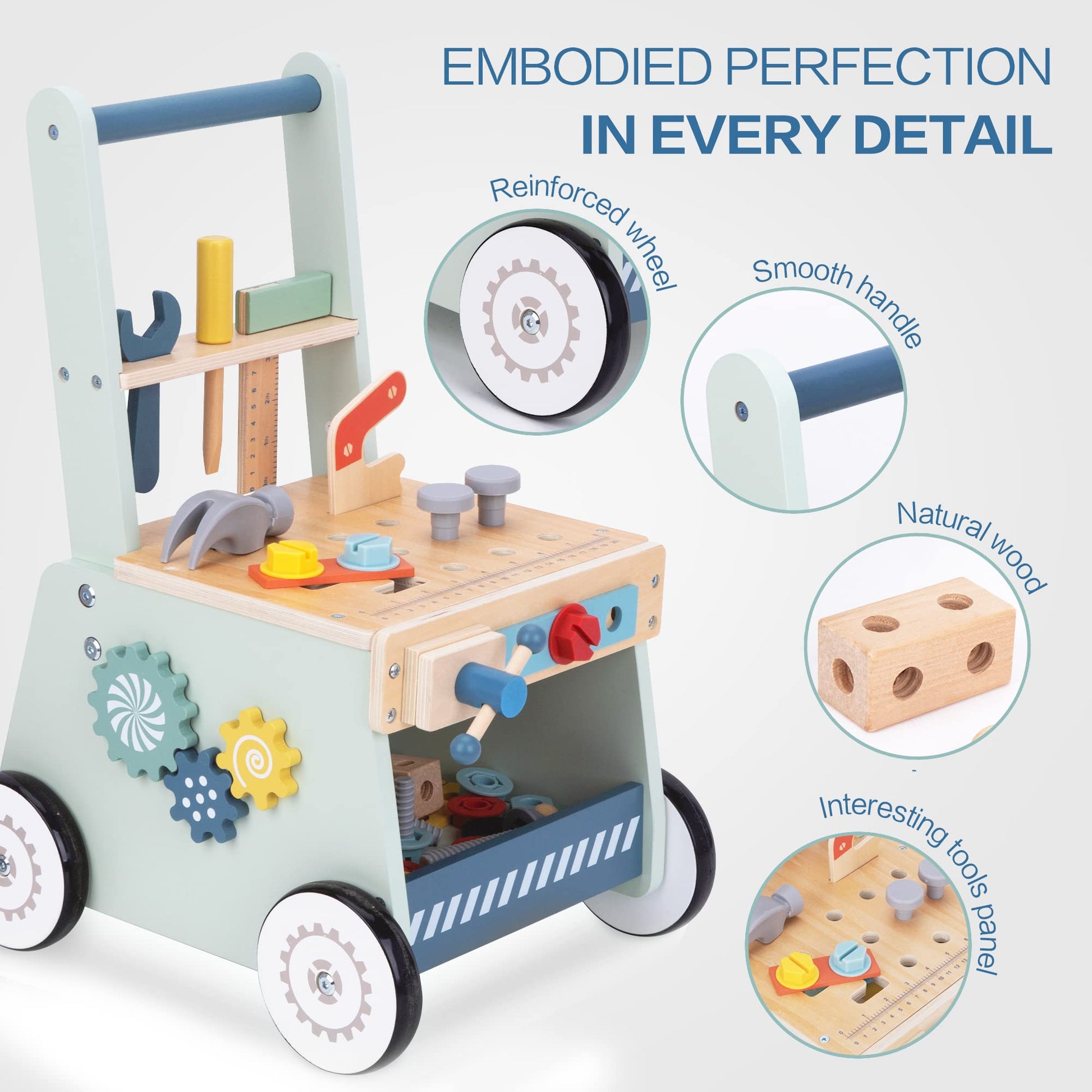 2-in-1 Wooden Baby Walker and Tool Bench with Building Play, Blue