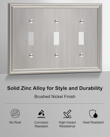 2-Pack Triple Toggle Light Switch Cover Plate, Durable Solid Zinc Alloy Decorative Switch Plate Covers, Brushed Nickel 3 Gang Wall Plate, Corrosion Resistant