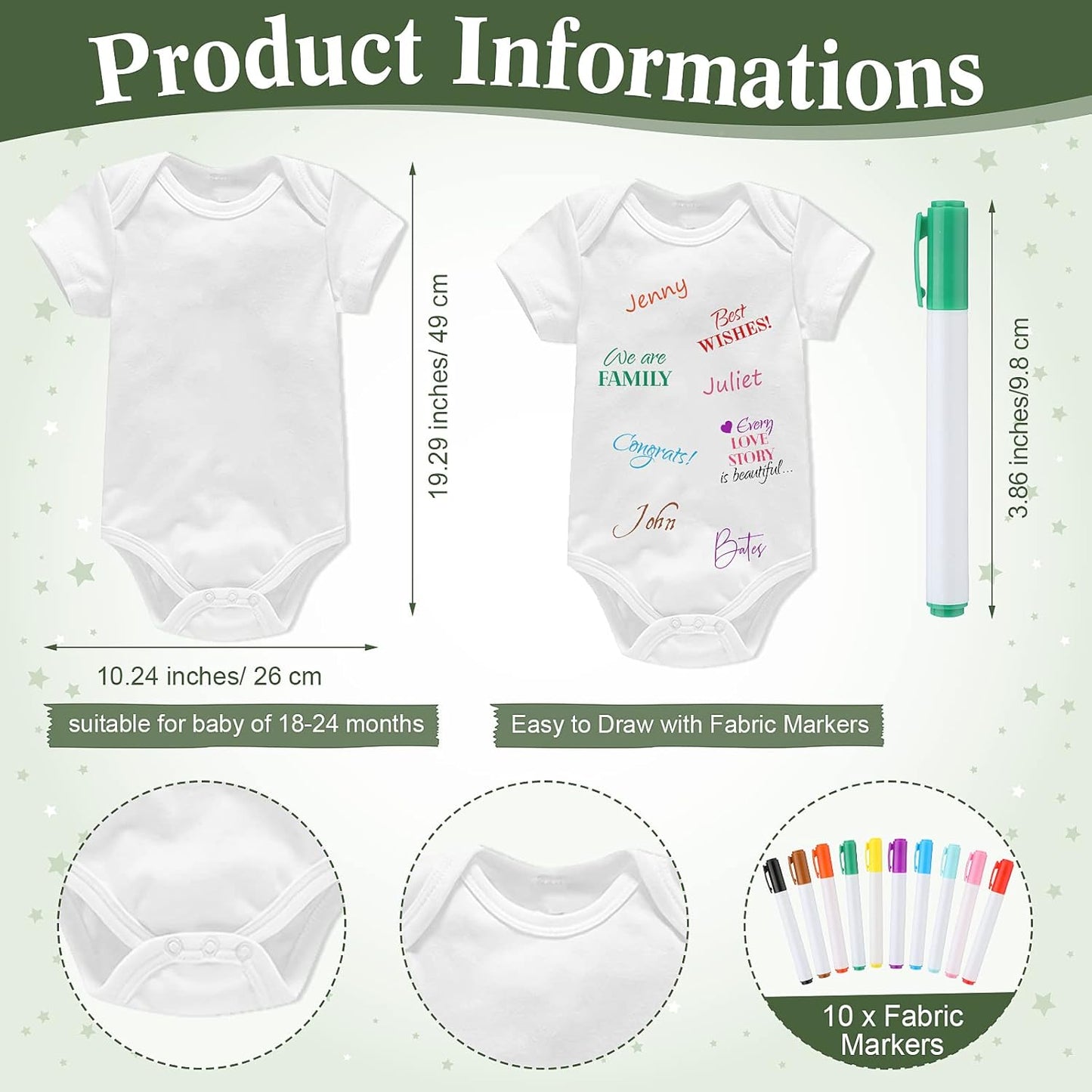 Qunclay 12 Pcs Baby Bodysuit Baby Shower Game Include 1 Game Wooden Sign Tabletop Decor 1 White Blank Newborn Bodysuit 10 Fabric Marker for Gender Reveal Party(Greenery)