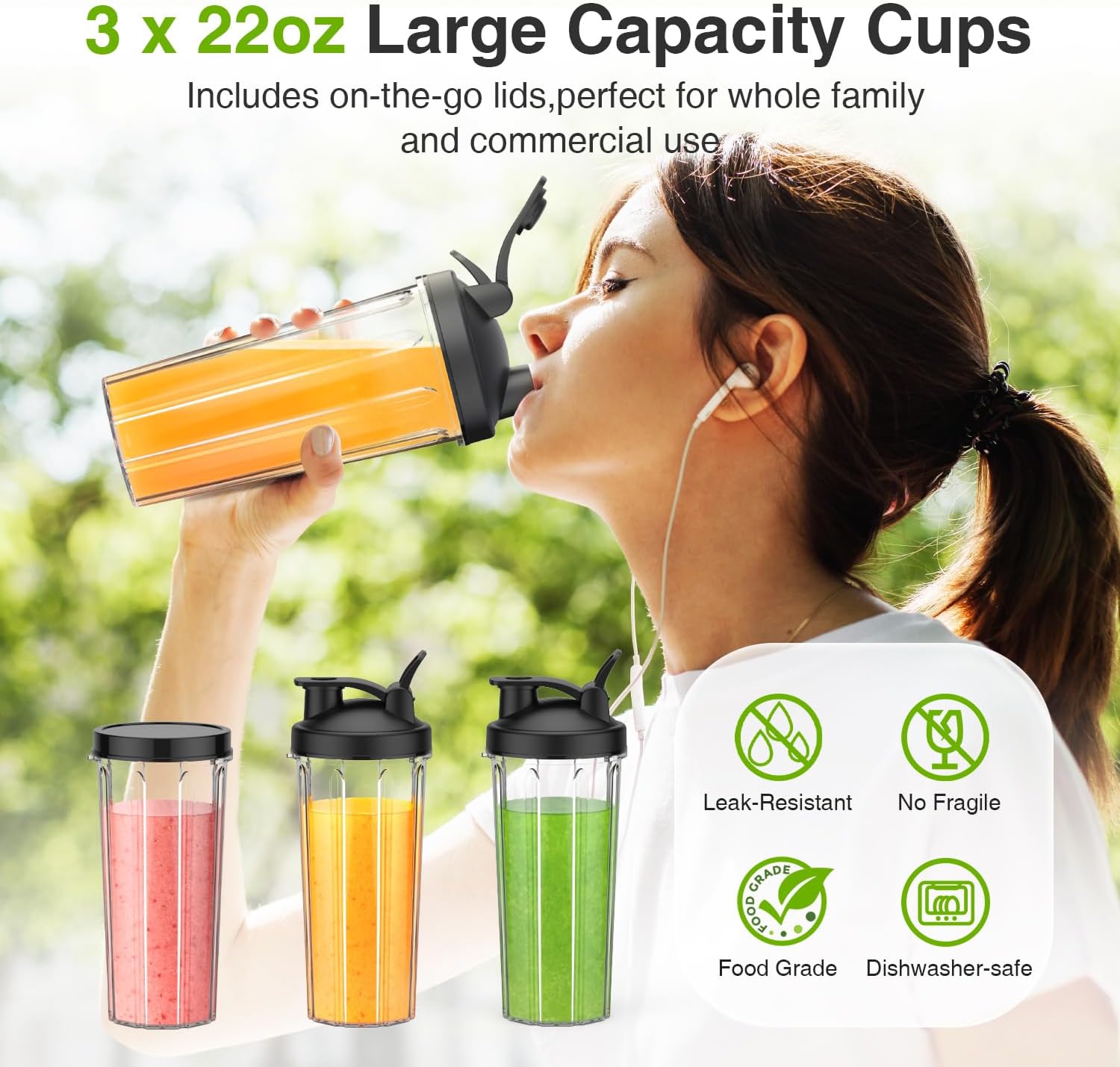 KOIOS Blender for Smoothies,Personal Blender for Shakes and Smoothies with 3 * 22oz To-Go