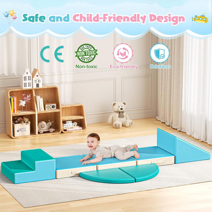 Lischwert Foam Climbing Blocks for Toddlers 1-3, 5pcs Foldable Soft Play Set with Crawling Exploration Toys - Indoor Infant Safe Blocks for Baby Gym & Toddler Playground - Blue