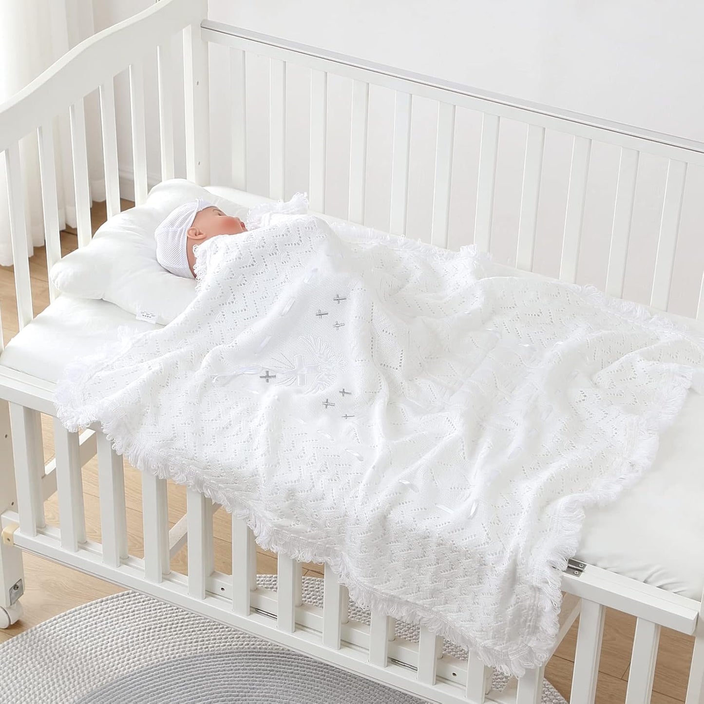 Booulfi Baby Christening Blanket Newborn White Baby Blanket Shawl Neutral Knitted Baptism Blankets