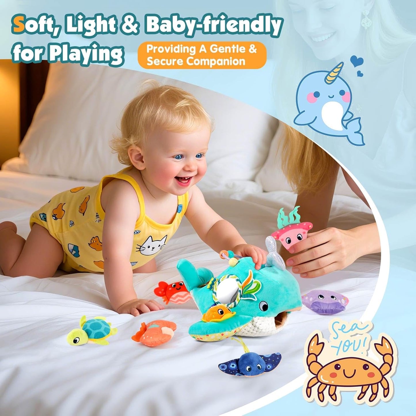 Baby Toys 6-12 Months - Soft Ocean Adventure Toy with Rattle, Crinkle Paper, Squeaker, Mirror - Baby Sensory Toys for 6+ Month Old Developmental, Montessori Toys for 1 Year Old Boy Girl Gifts