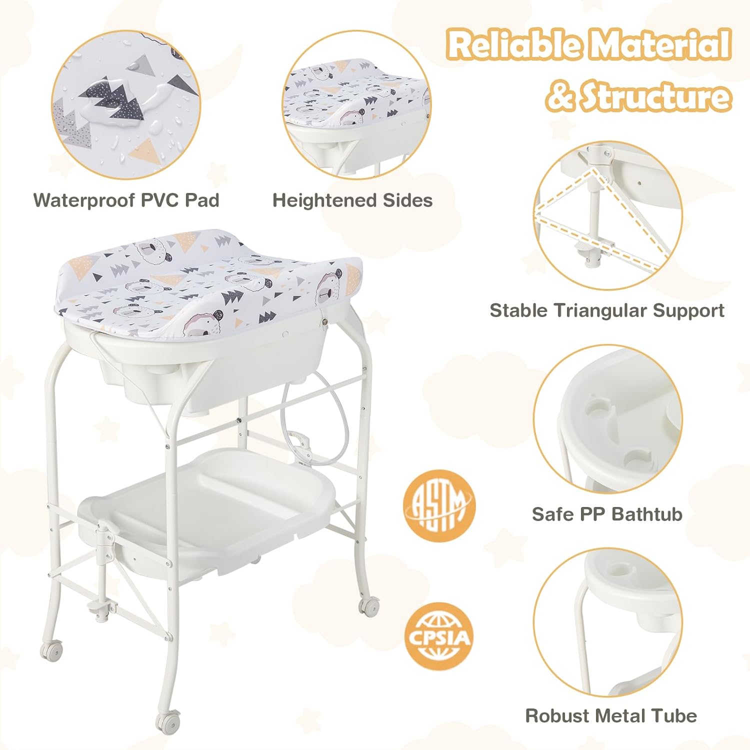HONEY JOY Baby Changing Table with Bathtub, Foldable Infant Diaper Changing Station with Wheels