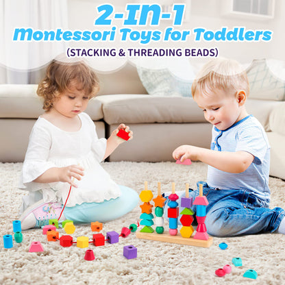 Montessori Wooden Beads Sequencing Toy Set, Stacking Blocks & Lacing Beads & Matching Shape