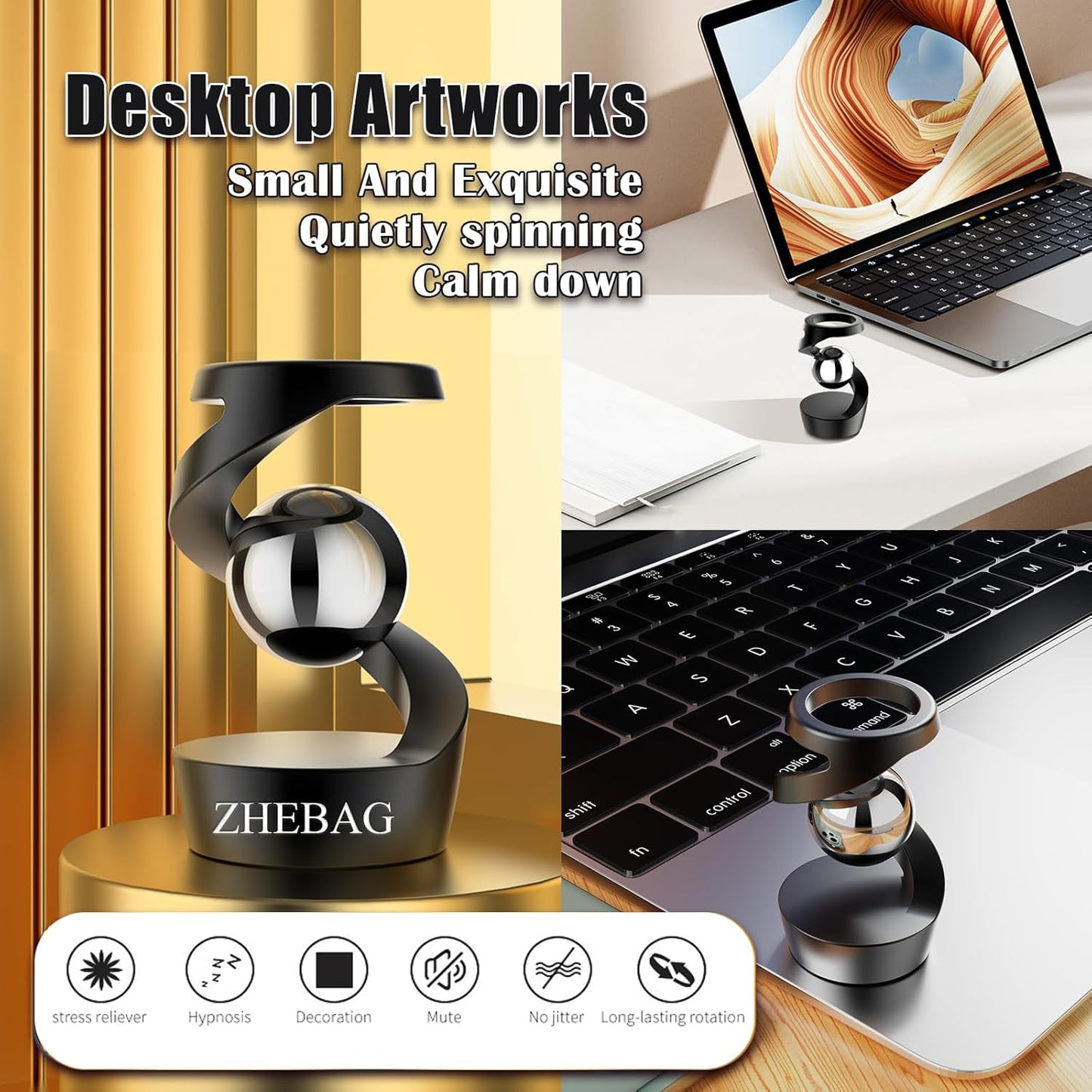 Kinetic Desk Toy, Metal Fidget Toys for Adults, Unique Optical Illusion Stress Reducing Desktop Spinning Toy, Adult Sensory Toys, Decorative Gifts for Offices and Cars(Black- Silver)