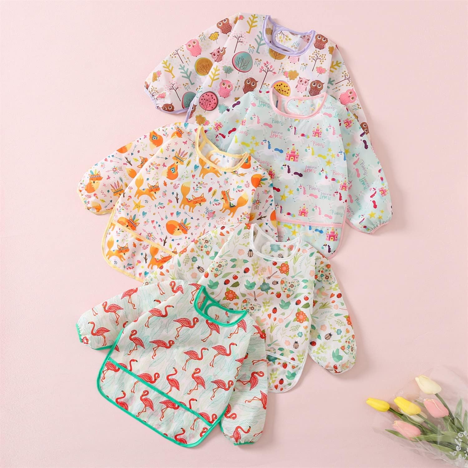 5 Pack Long Sleeve Bib,Baby Toddler Waterproof Sleeved Bib for 6-30 Months Reusable with Catch-all