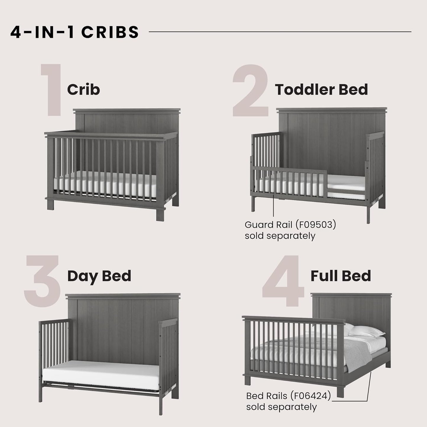 Child Craft Denman 4-in-1 Convertible Crib, Baby Crib Converts to Day Bed, Toddler Bed and Full