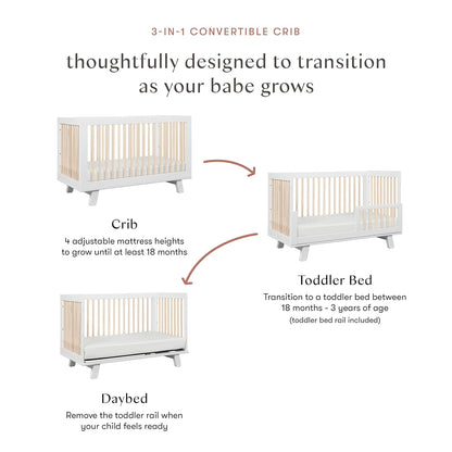 Babyletto Hudson 3-in-1 Convertible Baby Crib with Wooden Toddler Bed & Daybed Conversion - Easy to Assemble & GREENGUARD Gold Certified - 4 Adjustable Mattress Heights - White & Washed Natural