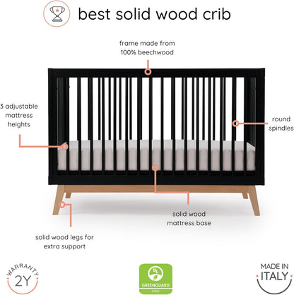 dadada Baby Soho 3-in-1 Convertible Wooden Crib to Toddler Bed - Made in Italy, GREENGUARD Gold Certified, Baby-Safe Finish, Sustainable Beech Wood, Modern Design, 3 Adjustable Heights (Black/Natural)