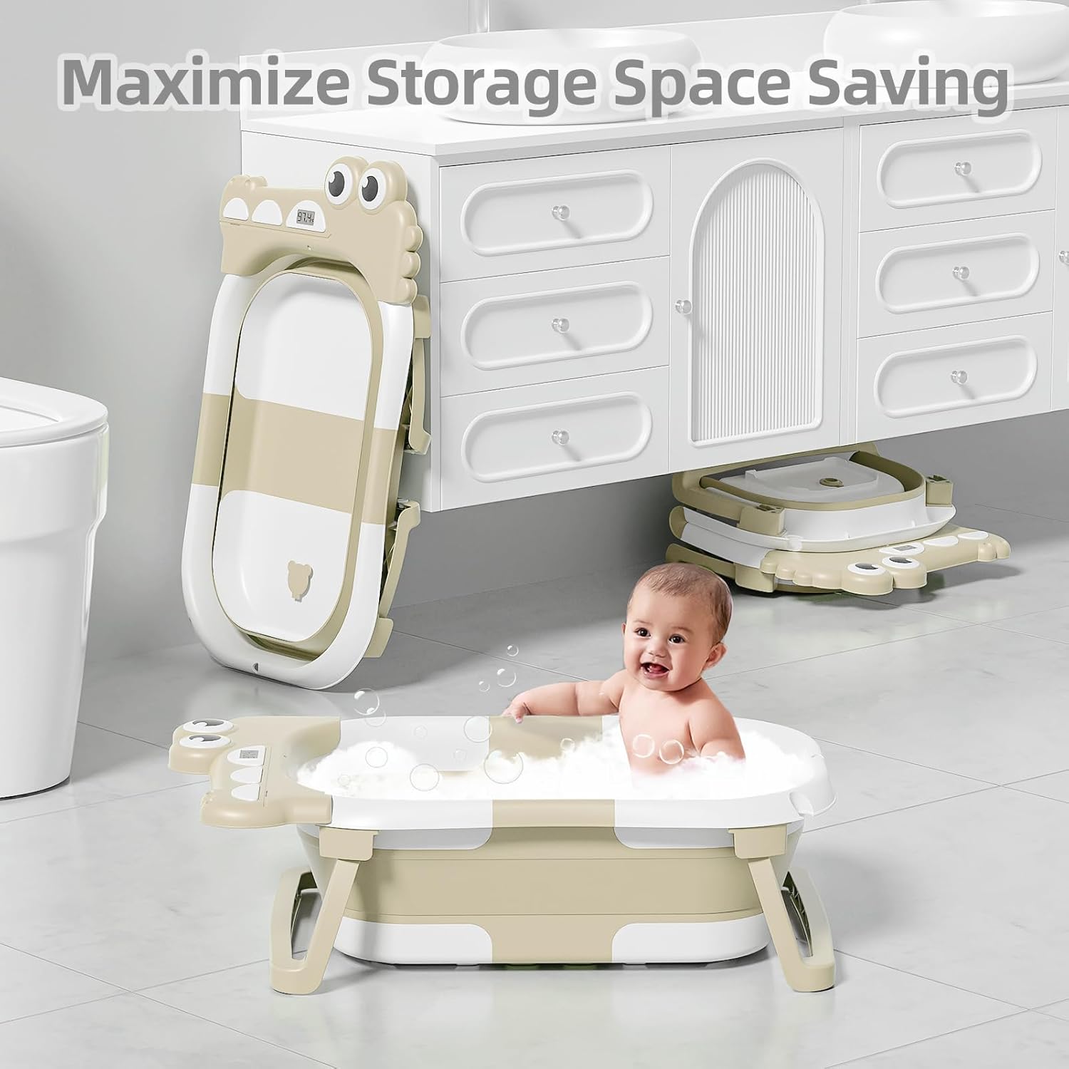 TPN Collapsible Baby Bathtub, Baby Bath Tub with Soft Cushion & Real-Time Thermometer, Baby Bathtub