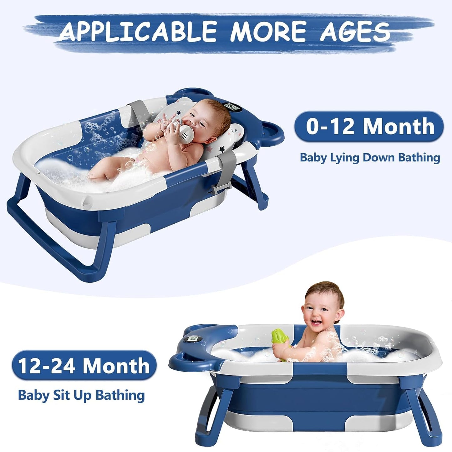 TPN Collapsible Baby Bathtub for Infants to Toddler with Real-time Temp Monitor+Floating