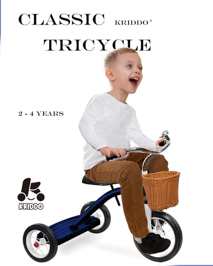 KRIDDO Classic All Metal Toddler Trike, Gift for Boys and Girls Ages 2 to 4 Year Old, Tricycle for 1 to 3 Year Olds, Sturdy Rear Deck, Deluxe Steer and Ergonomics Grip, Indoor and Outdoor, Blue