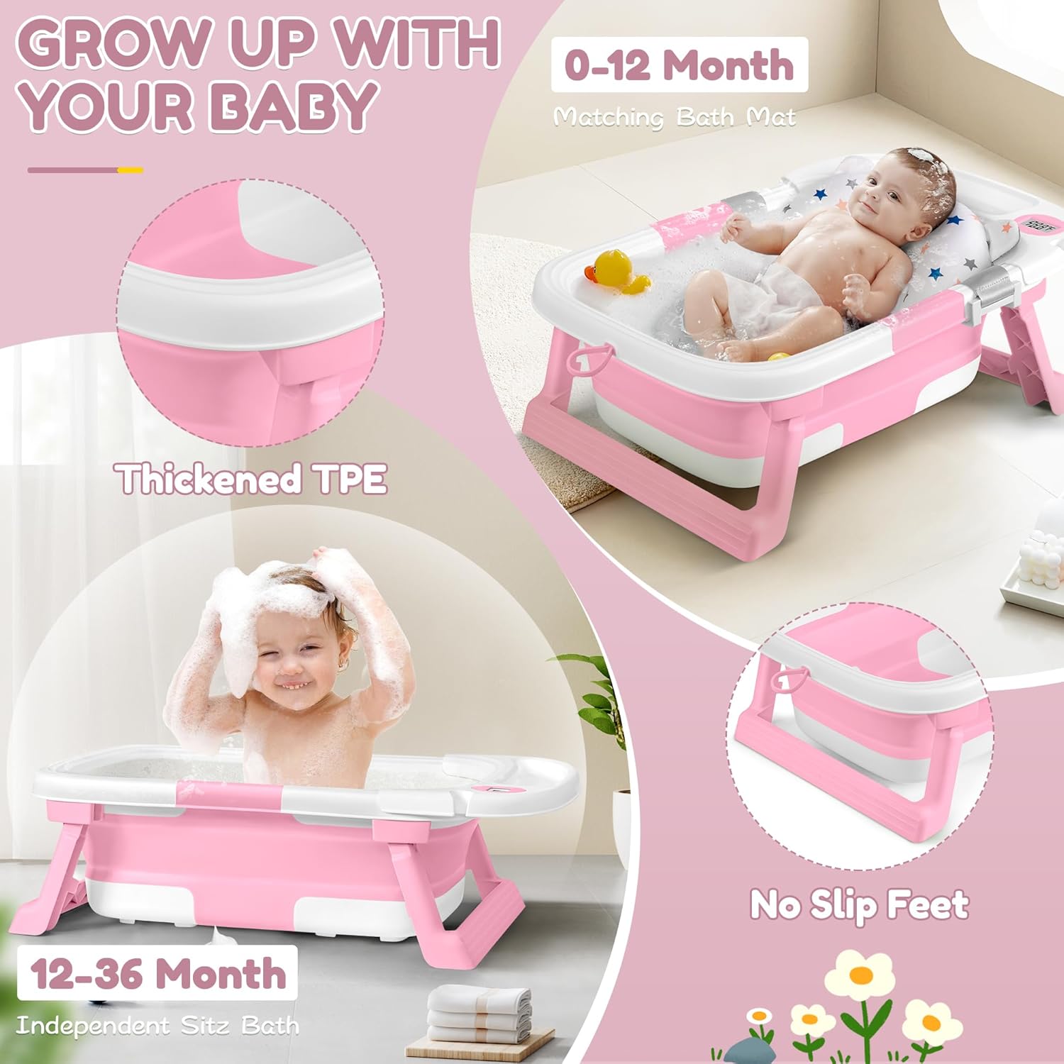 Collapsible Baby Bathtub,Baby Bath Tub with Thermometer & Soft Cushion,Baby Bathtub for Newborn to