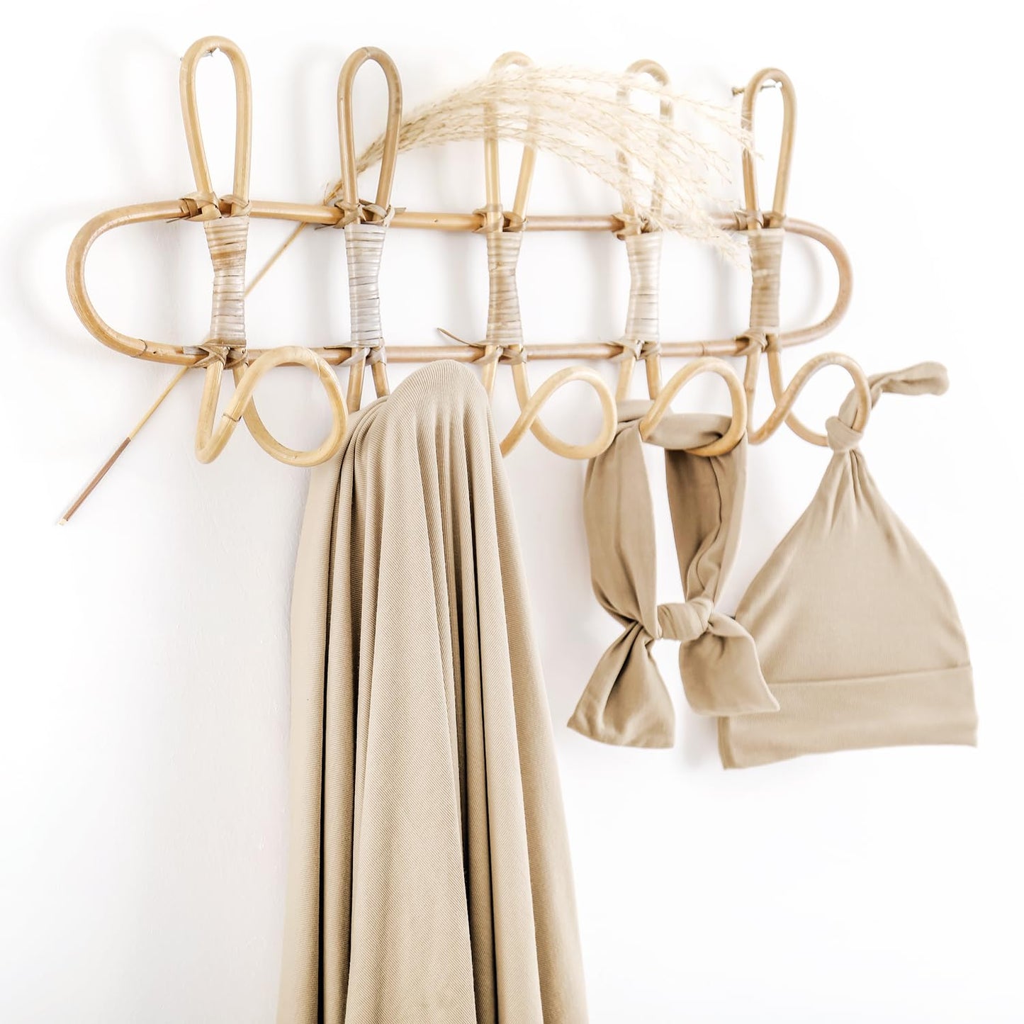 GRSSDER Newborn Blanket, Ultra Soft Jersey Receiving Blanket with Matching Headband and Beanie Set, Stretchy Baby Swaddle 47×47", Extra Large Neutral Swaddle Wrap for Girls and Boys