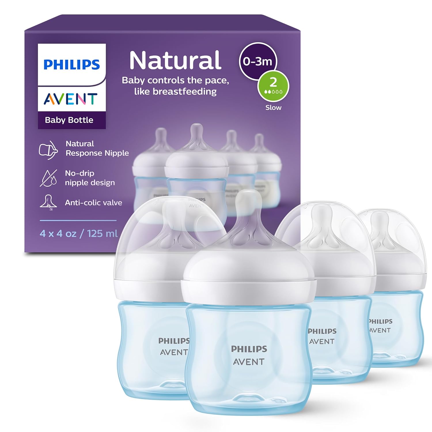 Philips Avent Natural Baby Bottles with Natural Response Nipples (Slow Flow, Flow 2), 4oz, Blue