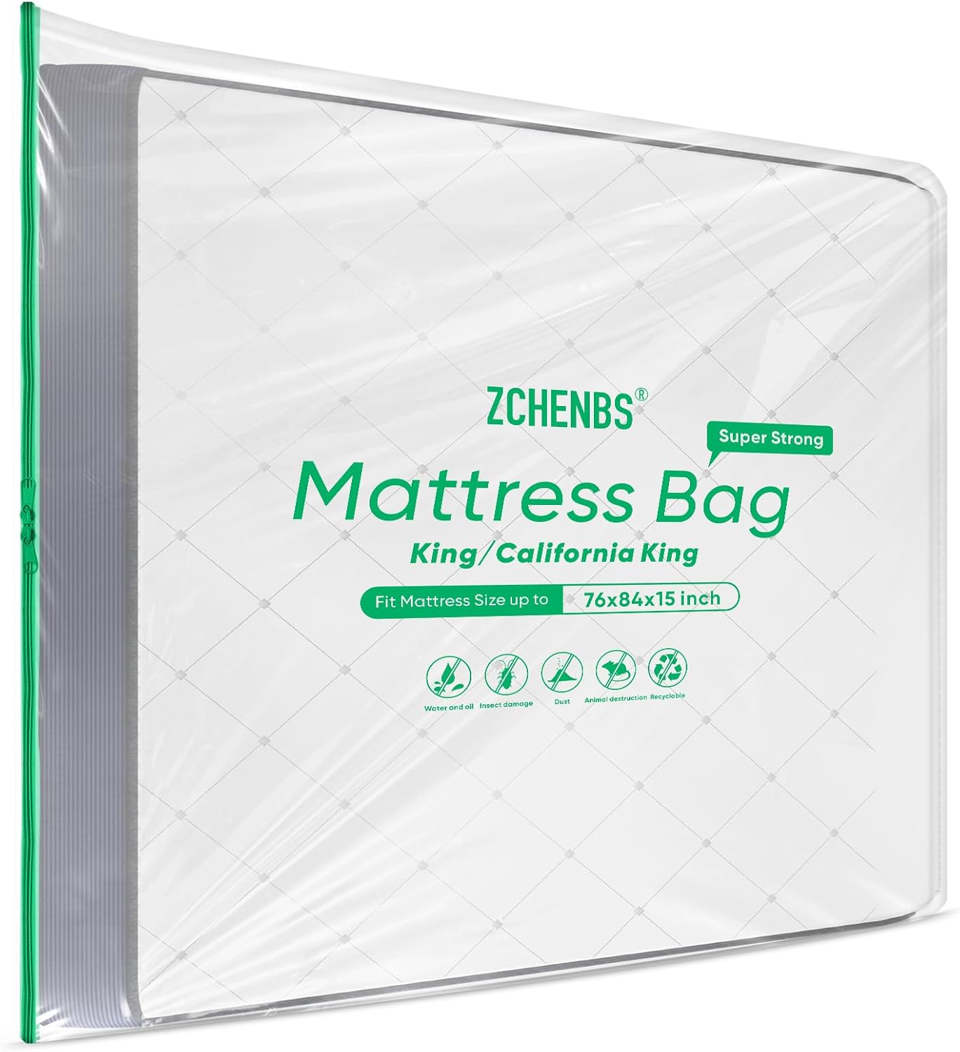 ZCHENBS® – Mattress Bags for Moving and Storage,Mattress Bag with Zippers,5 Mil Ultra-Thick Bed Bag,Waterproof,Anti-Tear,Heavy-Duty Mattress bag (Tansparent/Green, King/California King-(2 Pack))