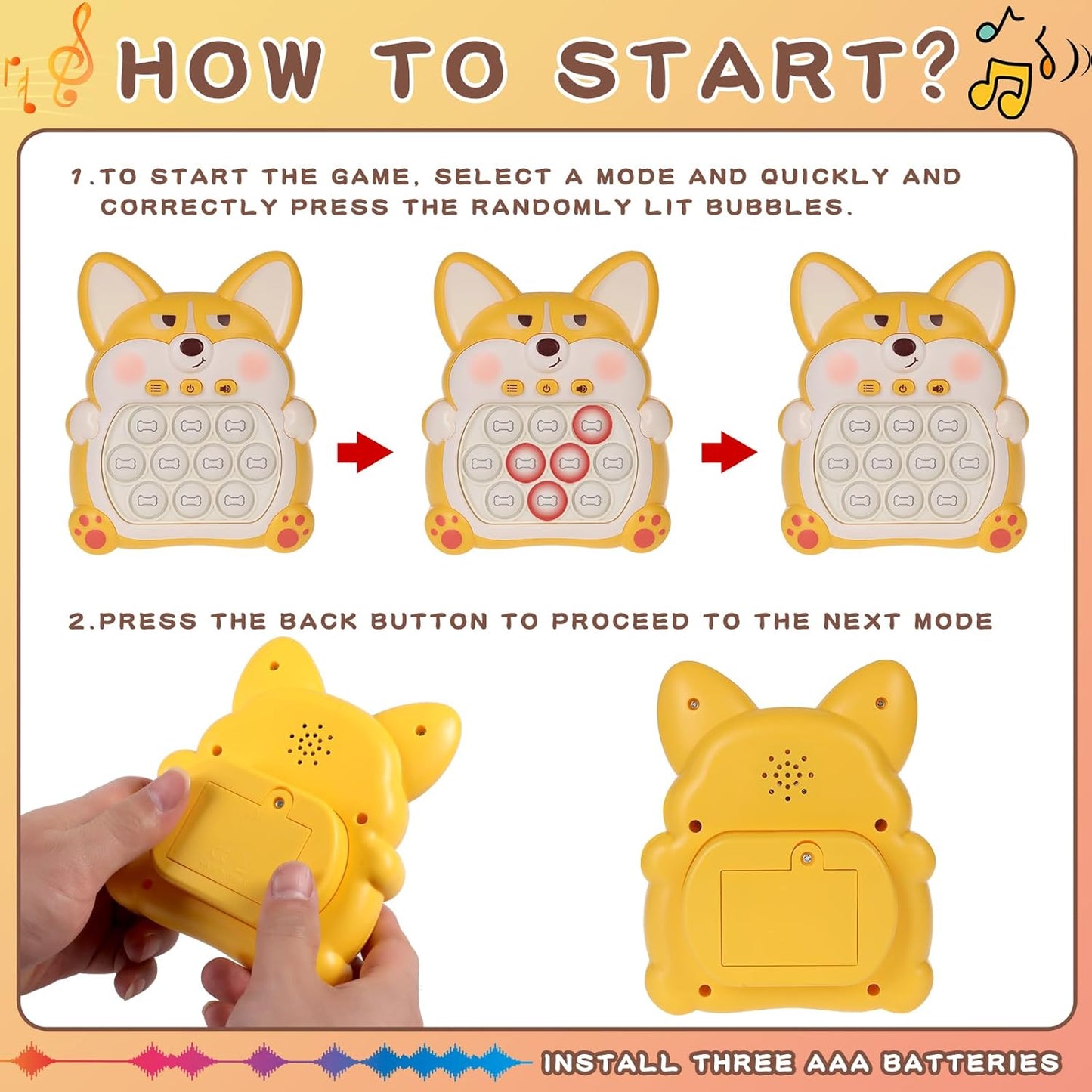 Fast Push Game Pop Fidget Toys for Kids, Fast Push Bubble Game, Quick Push Pop Game for Boys & Girls Age 3-12, Handheld Puzzle Game Sensory Toys Relaxation and Decompression (Yellow Corgi)