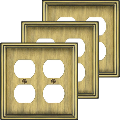 Metal Double Outlet Covers Wall Plate, Antique Brass Decorative Light Switch Plate 2 Gang Duplex Outlet Covers - Classic Style, 3 Pack